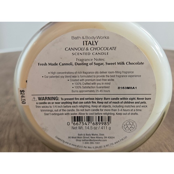 Bath & Body Works Italy Cannoli Chocolate 3 Wick Scented Candle 14.5oz 8163M8A1 - Picture 3 of 3